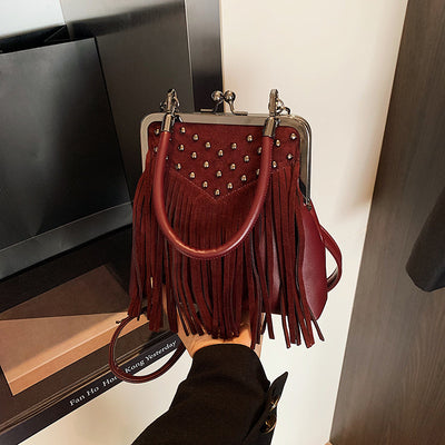 Bolsa Retro de Hombro para Mujer con Remaches y Borlas