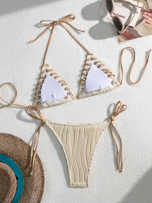 Light blue ribbed bikini swimsuit with pink tie straps and lacing detail, featuring a triangle top and thong bottom. - Image 24