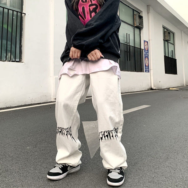 Jeans de Cintura Alta con Estampado Alfabético Vintage