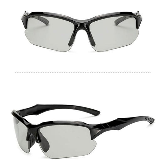 Black sports sunglasses with blue polarized lenses, shown from a front view and a three-quarter side view. - Image 17