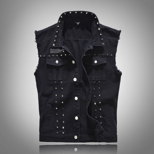 Chaleco Motociclista Hombre Talla Grande Negro Estilo Coreano con Remaches