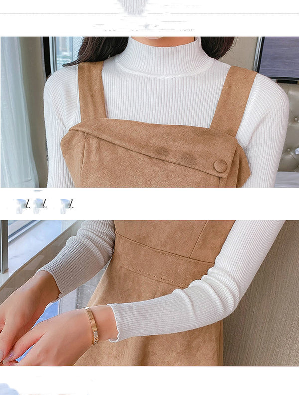 Suéter Cuello Alto Ajustado con Falda de Terciopelo Ante y Tirantes