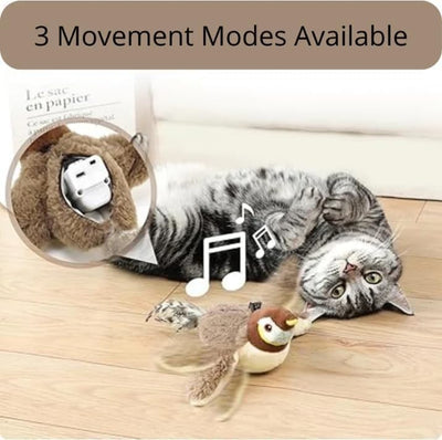 Plush brown and white bird cat toy with yellow accents, a feather tail, and a black clip on its back. - Image 4