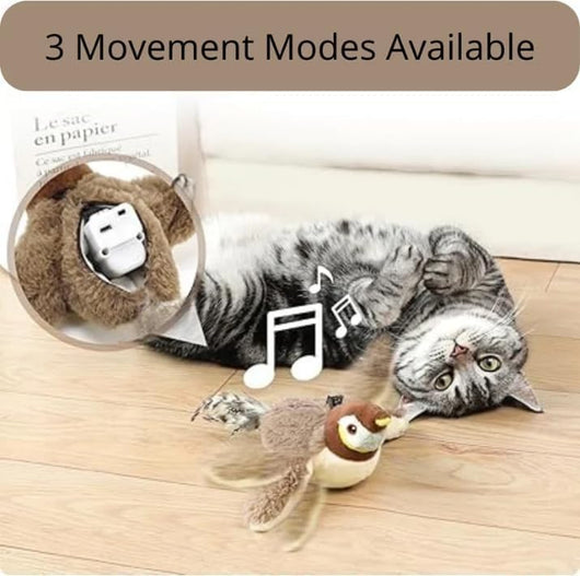 Plush brown and white bird cat toy with yellow accents, a feather tail, and a black clip on its back. - Image 4