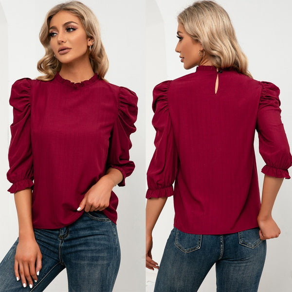 Camisa Casual de Cuello Alto con Mangas de Cinco Puntos