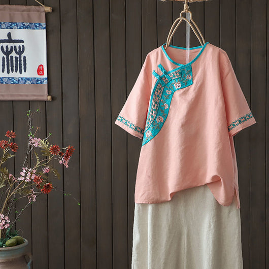 Blusa de Lino Bordada Estilo Chino Retro Literario para Mujer - Image 3