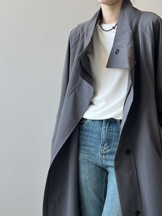 Abrigo Trinchera Largo Mujer Cuello Alzado Oversized Abotonado Simple - Image 29