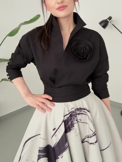 Camisa Negra Floral de Manga Larga con Nudo - Image 3