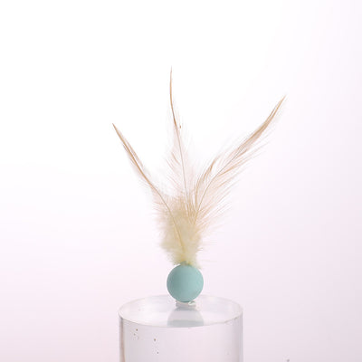 Three cat toys with pink balls and natural beige feathers, displayed on clear stands against a white background. - Image 8