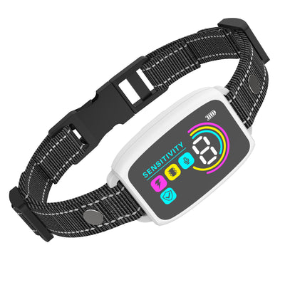 Smart automatic anti-barking dog collar with digital display, portable pet water bottle with food compartment, and a rectangular pet bed. - Image 9