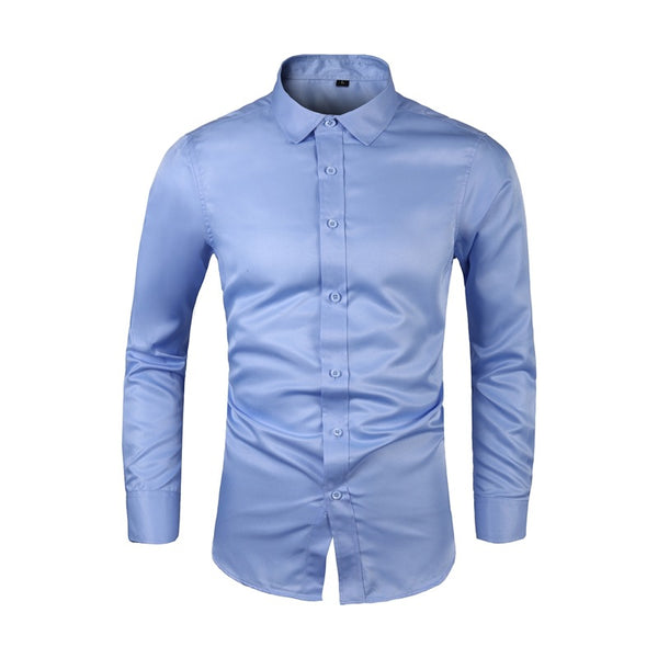 Camisa de Negocios Manga Larga Talla Grande Cuello Solapa Color Sólido para Hombre