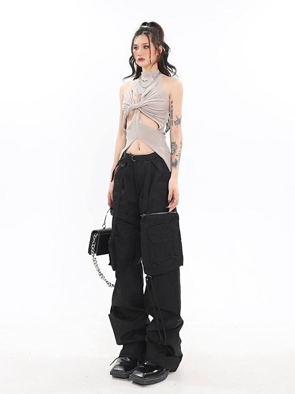 Pantalones Casuales de Cintura Alta con Bolsillos Funcionales y Pierna Ancha