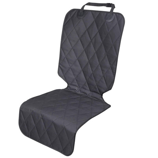 Dark grey quilted pet seat cover with diamond pattern and adjustable strap, designed to protect car seats.