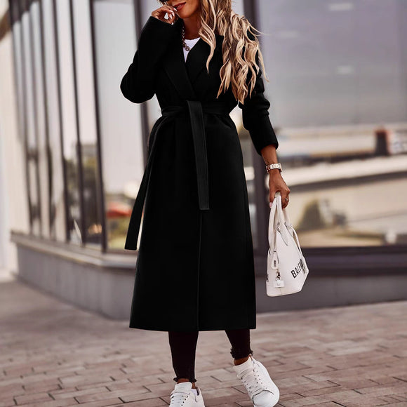 Abrigo de Lana con Cordones y Cuello en V para Otoño e Invierno