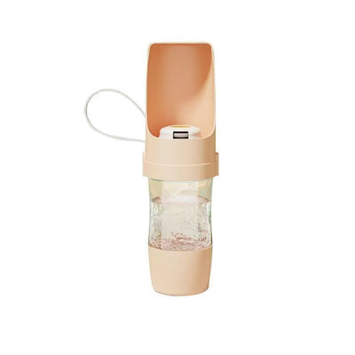 White 2-in-1 travel dog water bottle and food dispenser with a clear compartment and gray lanyard for pets. - Image 12