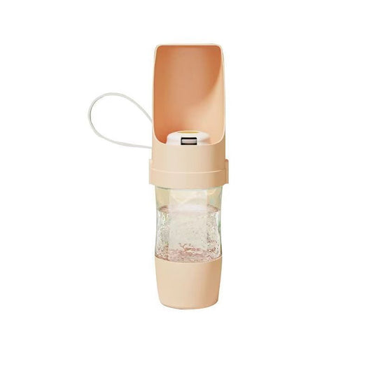 White 2-in-1 travel dog water bottle and food dispenser with a clear compartment and gray lanyard for pets. - Image 12