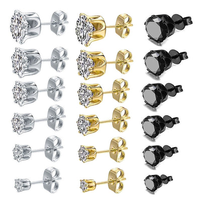 Aretes de Circonita Redonda en Acero Inoxidable con Engaste de Seis Puntas - Image 9
