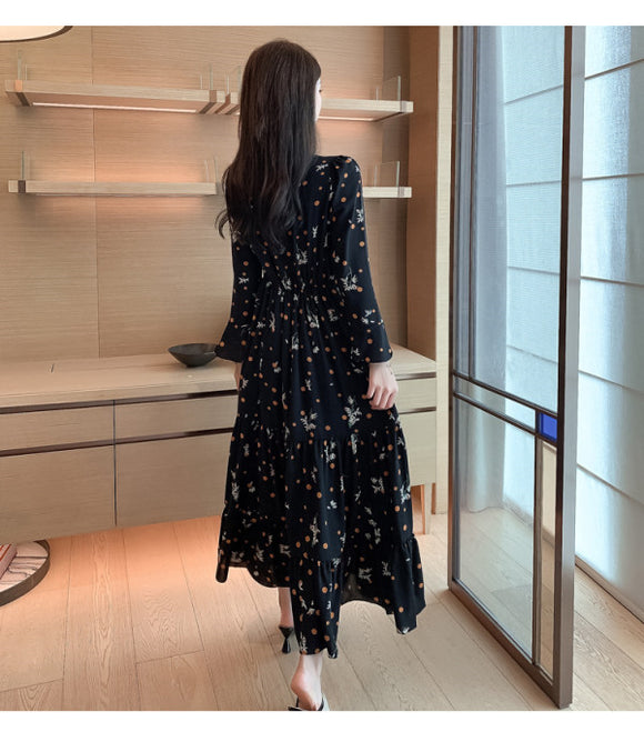Vestido Retro Floral Francés con Cintura Entallada
