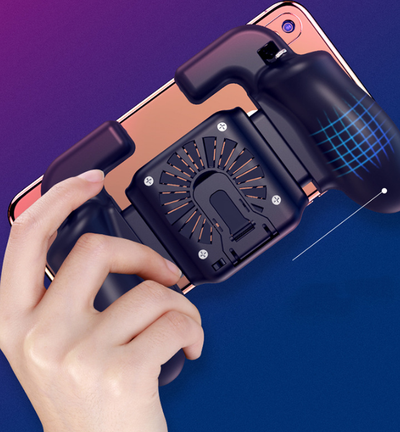 Red and blue smartphone game controller grip with integrated cooling fan and metal trigger buttons, connected to a white USB cable. - Image 3