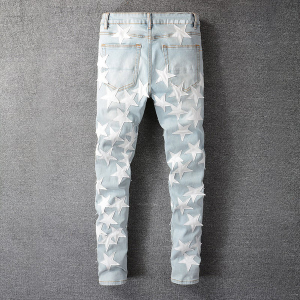 Pantalones Vaqueros de Cuero con Parches Rasgados y Diseño Pentagram