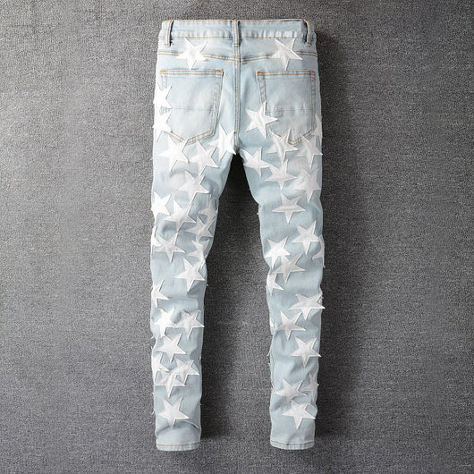 Pantalones Vaqueros de Cuero con Parches Rasgados y Diseño Pentagram