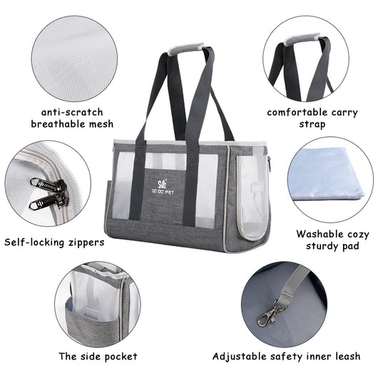 Navy blue portable pet carrier bag with mesh windows, top handles, and a side pocket for small dogs or cats. - Image 3