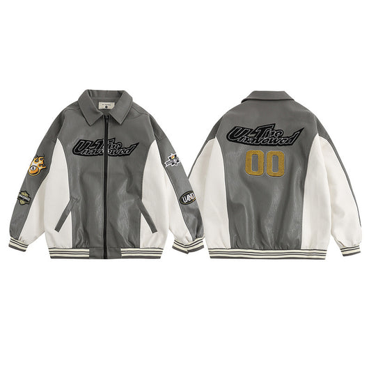 Chaqueta Universitaria Retro PU Bordada Suelta para Hombre - Image 6
