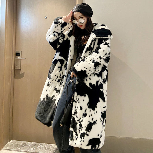 Abrigo de Piel Estampado Vaca - Diseño Elegante Largo hasta la Rodilla para Invierno