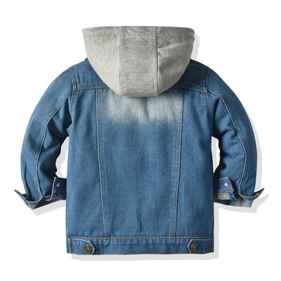 Children's blue denim jacket with a faded wash and a gray hooded insert, featuring front buttons and chest pockets. - Image 3