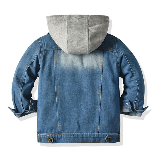 Children's blue denim jacket with a faded wash and a gray hooded insert, featuring front buttons and chest pockets. - Image 3