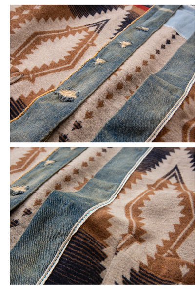 Abrigo de Lana Vintage con Patchwork de Denim para Hombre - Image 11