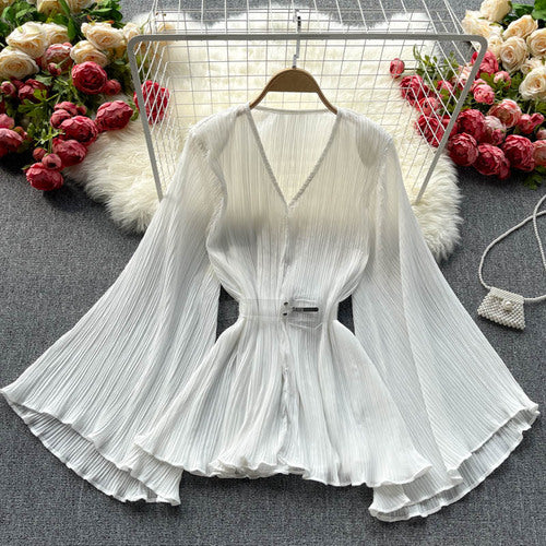 Blusa Suelta de Gasa con Escote en V y Pliegues - Image 4