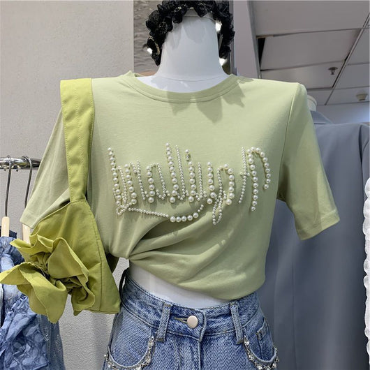 Camiseta Suelta Cuello Redondo con Perlas y Letras Estampadas - Image 13