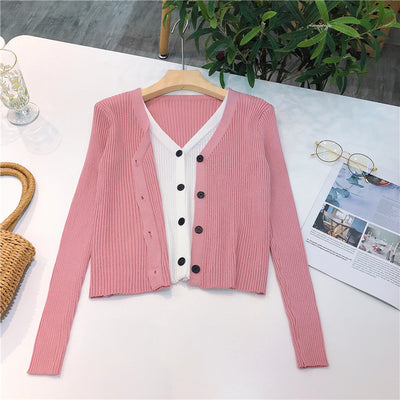 Cardigan Tejido Falsa Dos Piezas Mujer Cuello V Manga Larga - Image 57