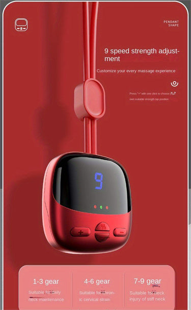 Red mini portable cervical massager with a pendant design, featuring an LCD screen and control buttons. - Image 7