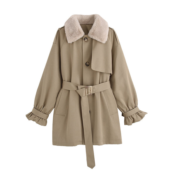 Abrigo de Invierno Khaki para Mujer con Cintura Moldeadora y Forro Grueso de Terciopelo