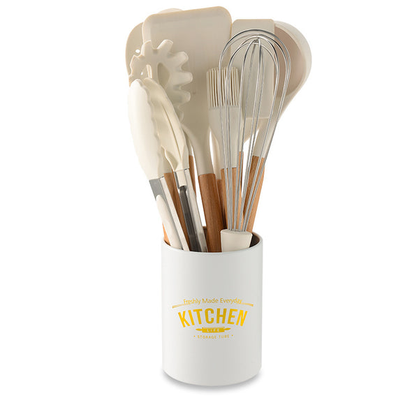 Set de Utensilios de Cocina en Silicona con Mango de Madera Crema
