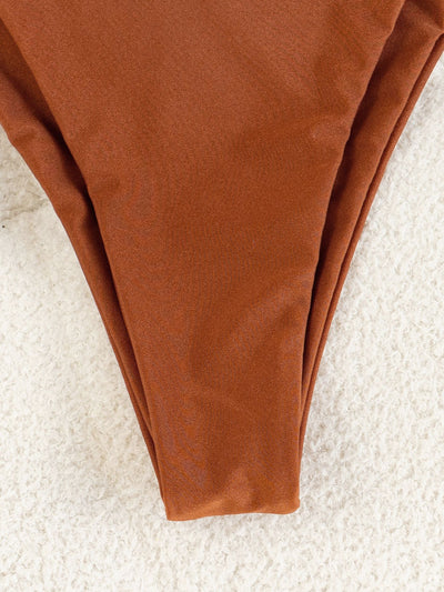 Solid brown two-piece bikini with triangle top and tie-side bottoms, featuring decorative beads on the top straps. - Image 16
