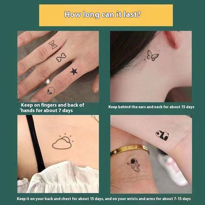 Sheet of 24 black outline doodle temporary tattoo stickers including a bow, heart, crown, sun, stars, and flowers. - Image 29