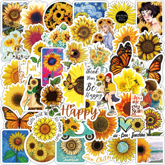 A collection of sunflower stickers, including a large central sticker with a Van Gogh-inspired sunflower painting on a blue background. - Image 15