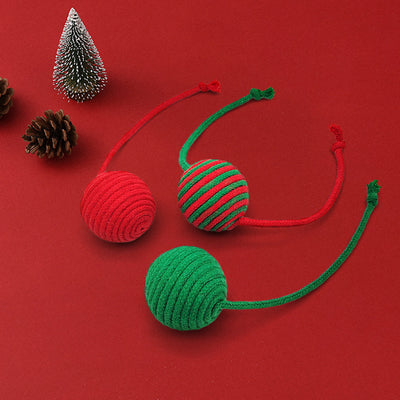 Red and green striped cotton rope ball cat toy with two rope tails, ideal for Christmas interactive play. - Image 15