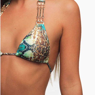 Women's snake print one-piece swimsuit with backless design, criss-cross straps, and a tie-front detail. - Image 9
