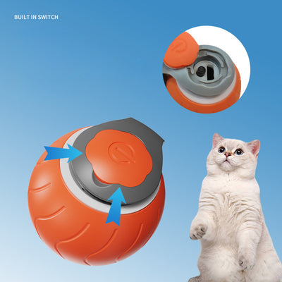 Blue interactive cat toy ball with a lime green tail and a power button, designed for indoor cats. - Image 6