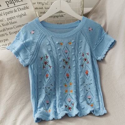 Blusa Lino Bordado Calado Manga Corta Ajustada - Image 5