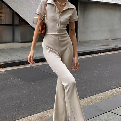Jumpsuit Skinny Backless con Solapa y Botones para Mujer