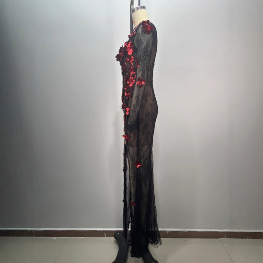 Vestido de Fiesta Elegante con Lentejuelas, Escote Redondo y Transparencias - Image 3