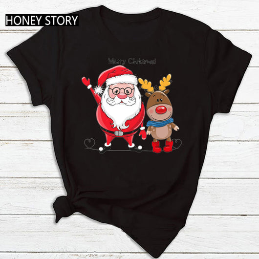 Playera Navideña Roja para Parejas - Diseño Reno y Santa - Image 20