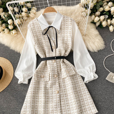 Vestido Houndstooth con Tirantes y Mangas Puff - Image 26