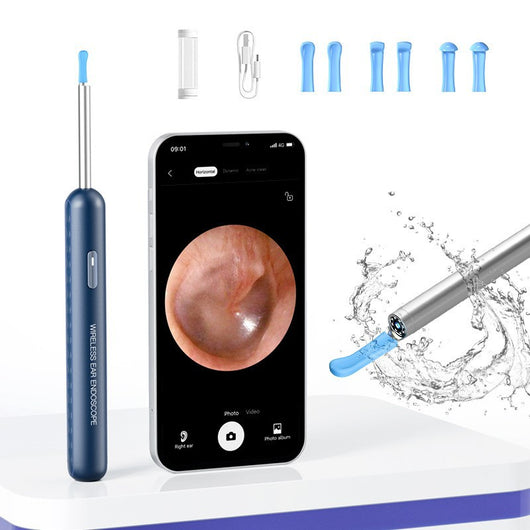 Blue wireless ear endoscope with camera, displaying an ear canal view on a smartphone, with various silicone ear spoon heads, charging cable, and storage jar. - Image 5