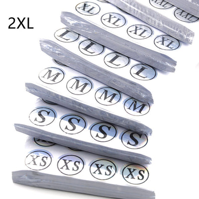 Stack of round clothing size stickers with laser color-changing background and black text, from XS to 4XL. - Image 7